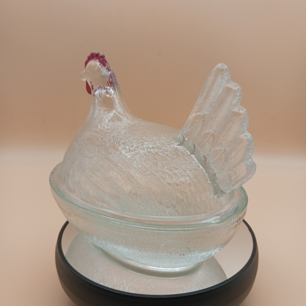 Indiana Glass Clear Hen on Nest Beadless Nest Red Paint Accents Candy Dish - Picture 8 of 13